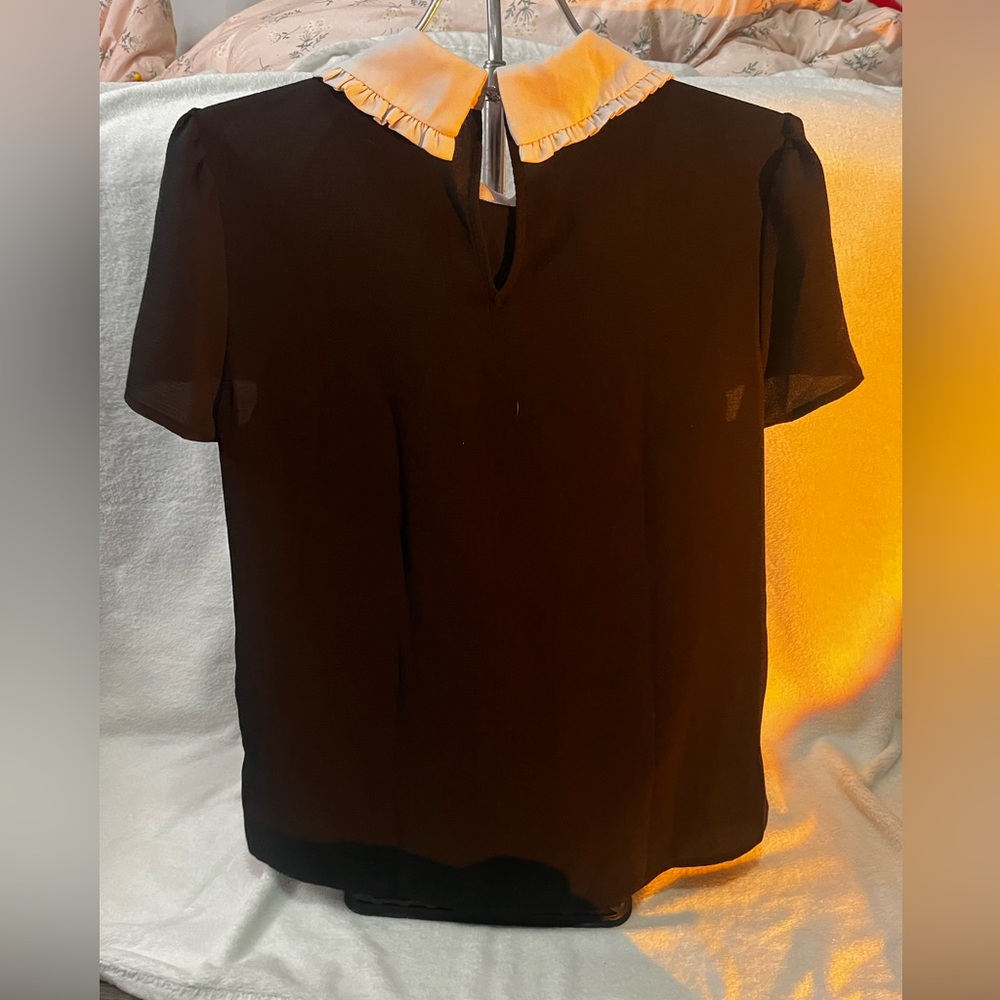CeCe Black Short-Sleeve Blouse with White Ruffled Collar - Picture 3 of 3